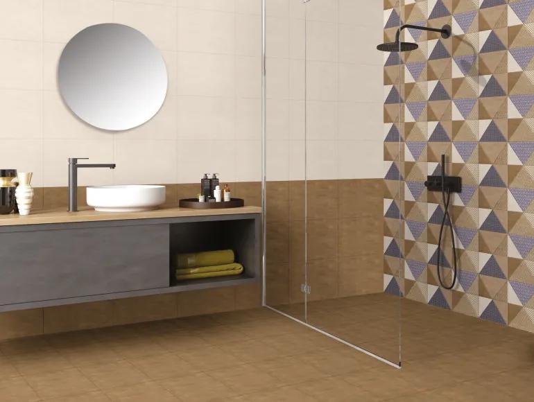Modern small-bathroom design with sink, round mirror and shower